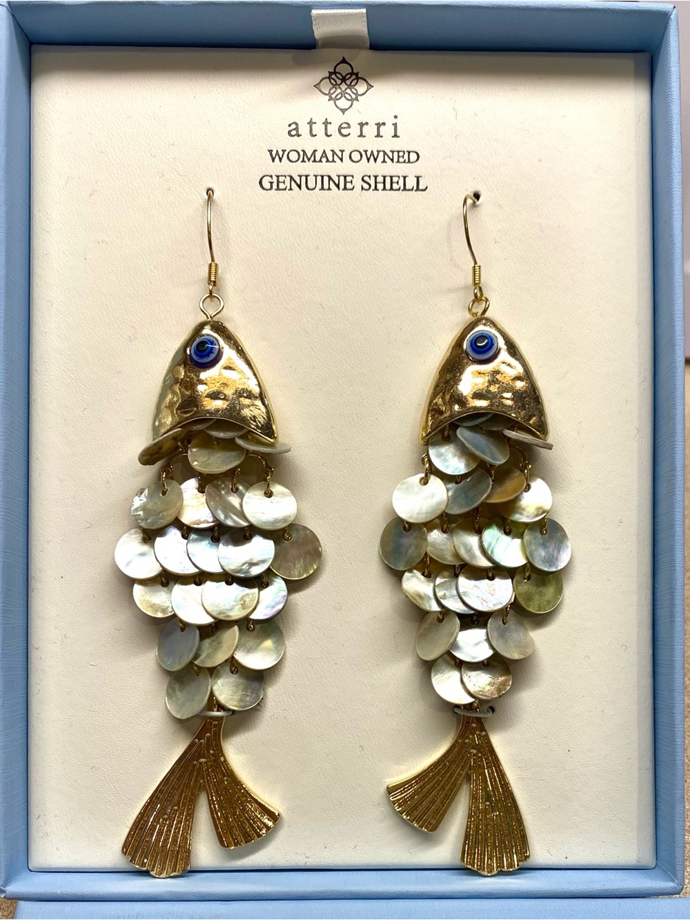 Atterri Gold Fish Drop Earrings with Iridescent White Shell